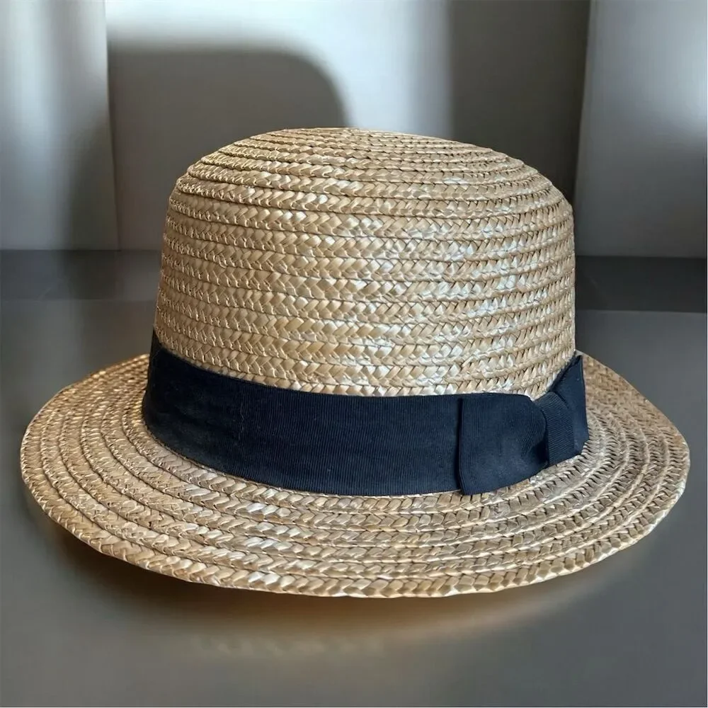 H&M Women’s Straw Hat Beige Black Band Flat Bow 2